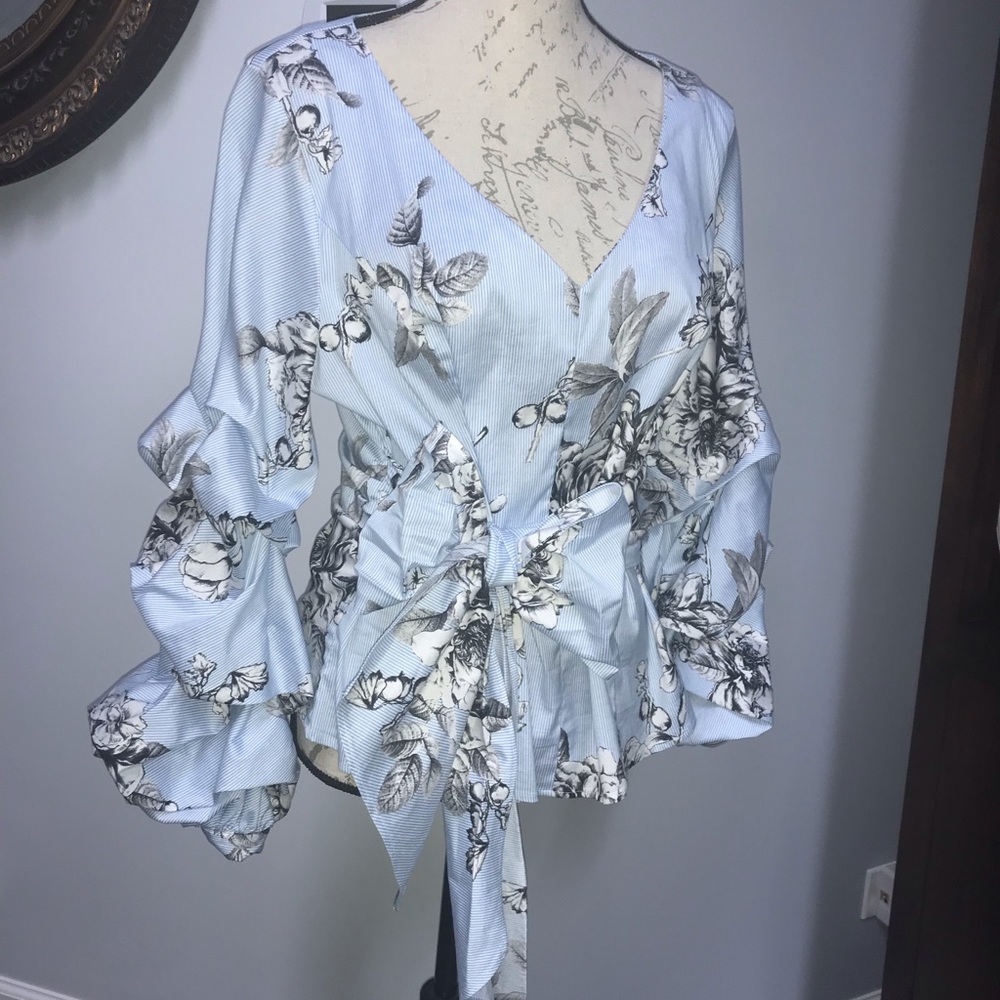 Chic Floral Wrap Blouse - Light Blue and White - Picture 3 of 4